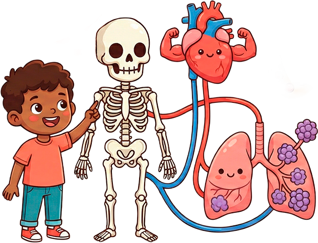 Criança apontando para o esqueleto e órgãos do corpo humano